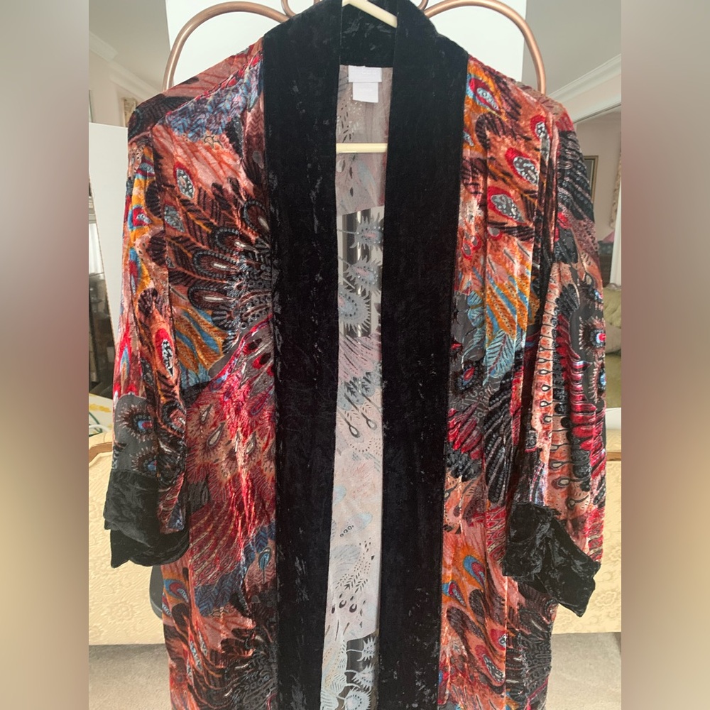 👀Beautiful Chicos Travelers Burnout Multicolor Kimono Velvet Trim Peacock sz S/M